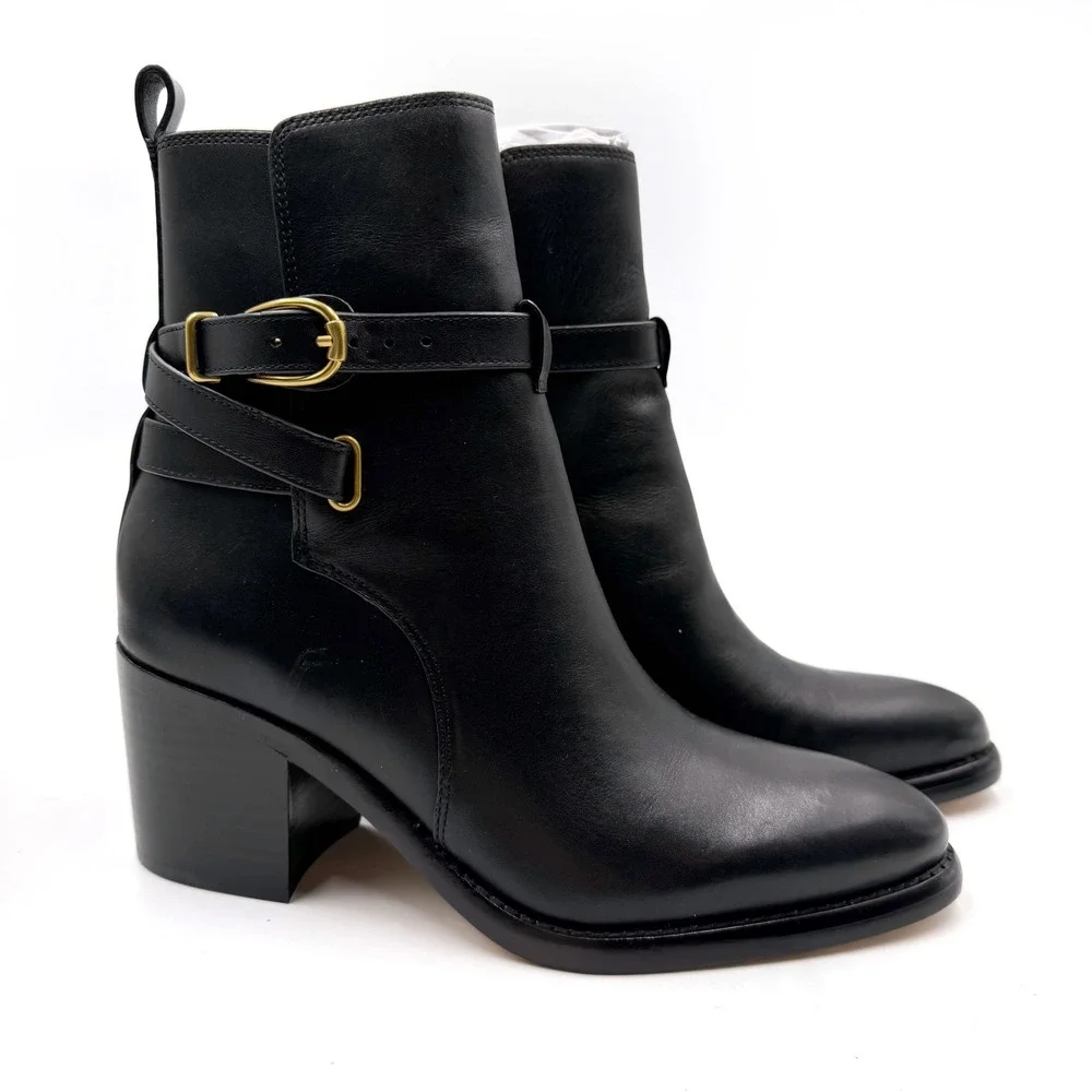 Veronica Beard Sohelia Low Boots Black Leather Buckle‎ Ankle Block Heel Sz 7.5